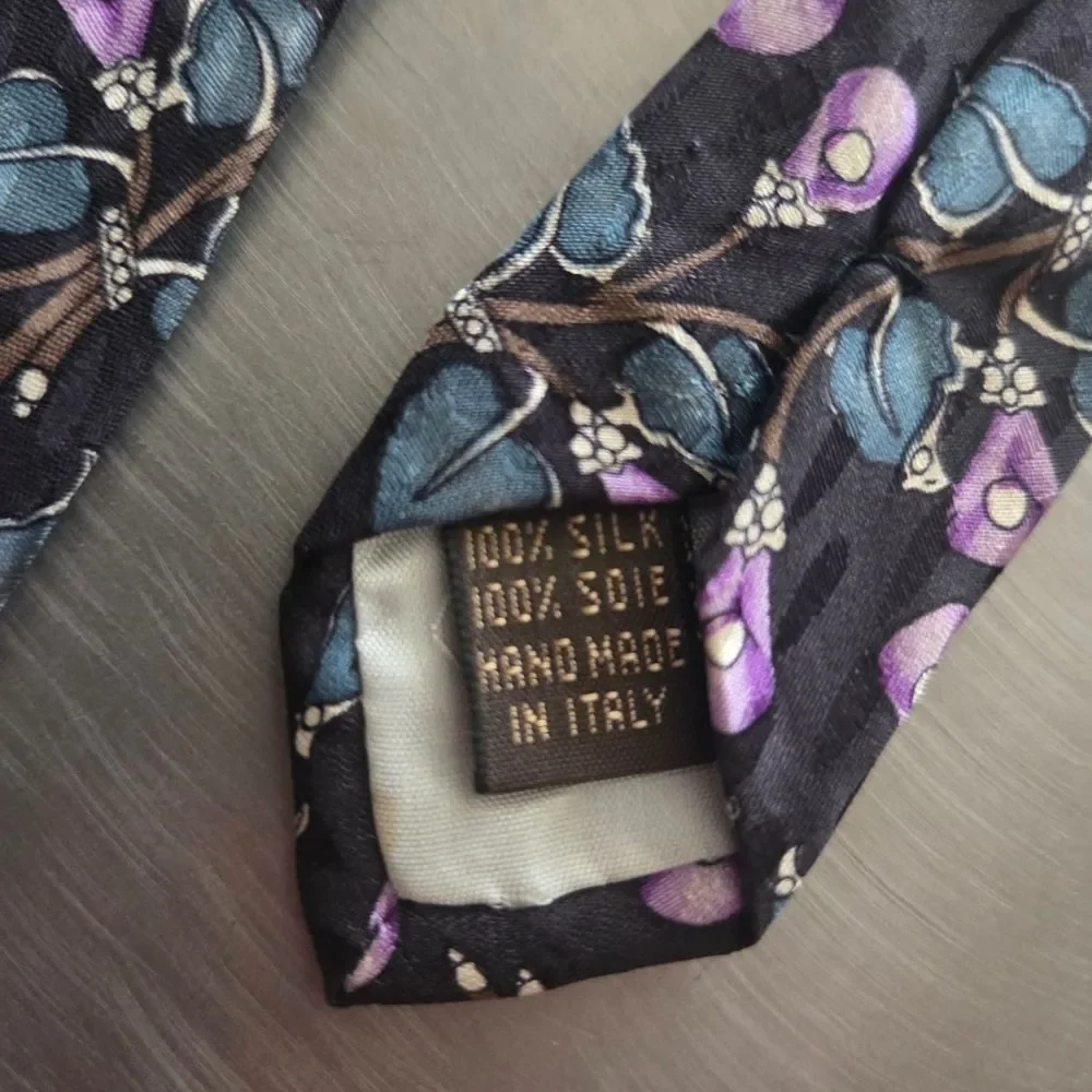 Valentino Floral 100% Silk Tie Black Purple Blue Made in Italy 4